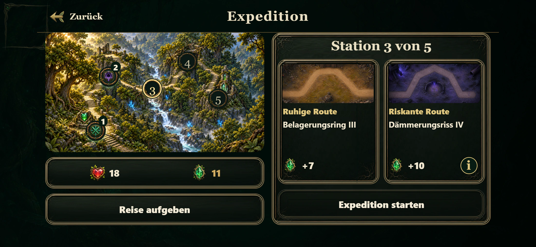 Spielansicht einer fortgeschrittenen Expedition mit zwei Routen, gemeinsamen Leben und unterschiedlichen Belohnungen