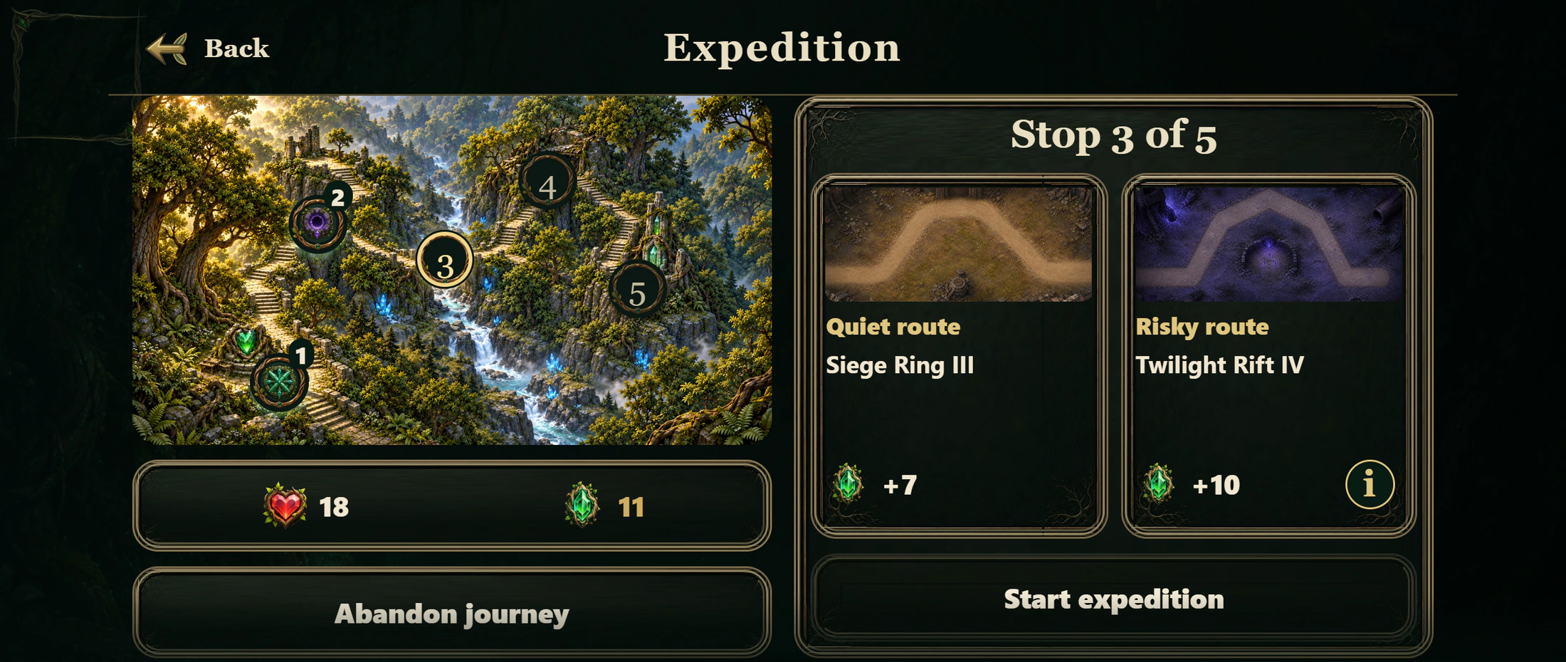 Game view of an advanced expedition with two routes, shared lives and different rewards