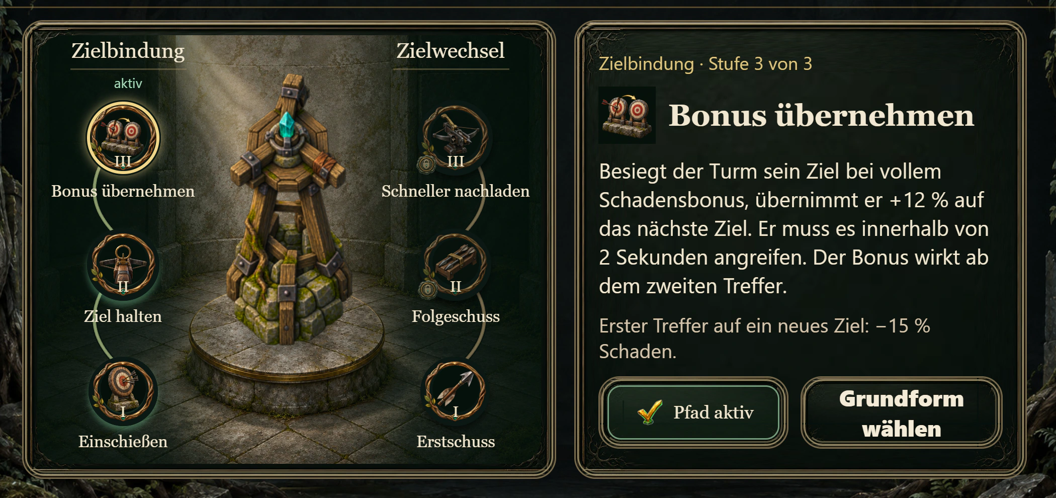 Turmtalent-Menü des Bolt Spire mit zwei Talentpfaden und Detailansicht