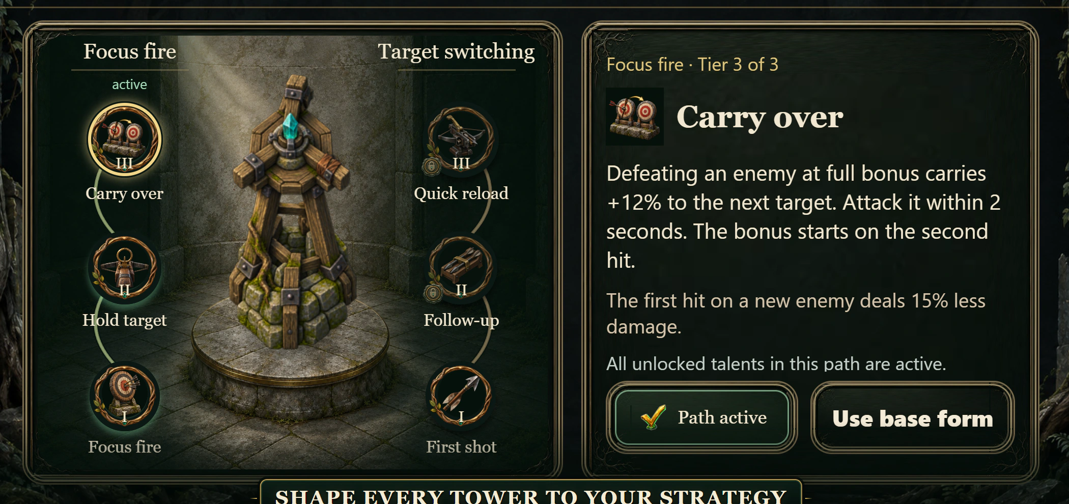 Bolt Spire tower talent menu with two talent paths and a detailed talent description