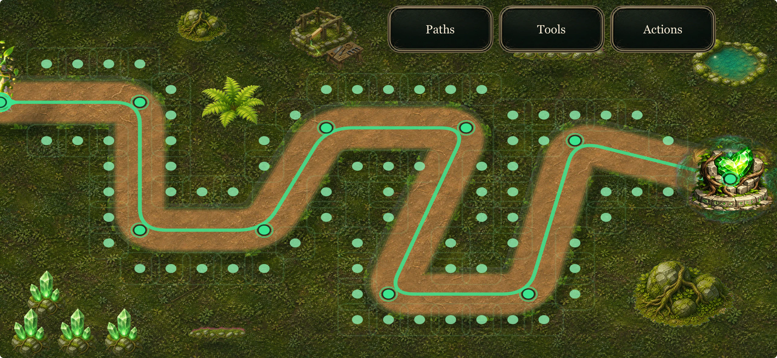 Game view of the map editor with paths, tools and decorations
