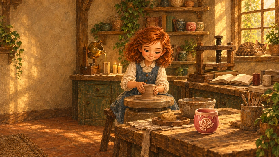 Emilia shapes clay in Hedi’s workshop, surrounded by candles, bookbinding tools and the rose cup.