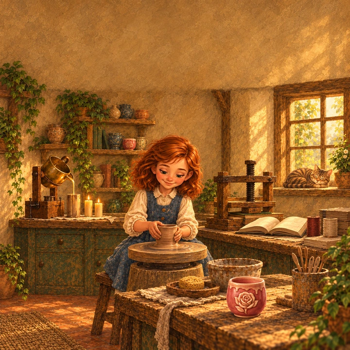 Emilia shapes clay in Hedi’s workshop, surrounded by candles, bookbinding tools and the rose cup.