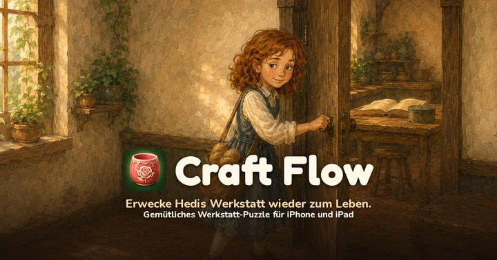 Emilia öffnet Hedis Werkstatt: Craft Flow mit Rosentassen-Icon, Schriftzug und deutschem Slogan.