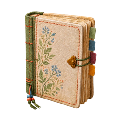 Hand-bound workshop notebook with flowers and a leather strap