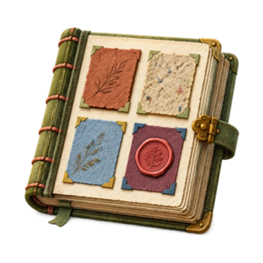 Album for paper colours, a wax seal and a leaf print
