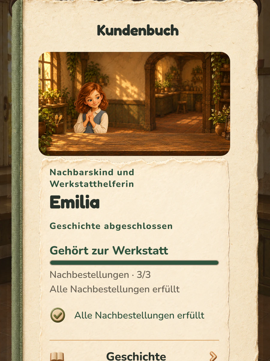Kundenbuch mit Emilia an der Theke: Geschichte abgeschlossen, gehört zur Werkstatt, alle Nachbestellungen erfüllt