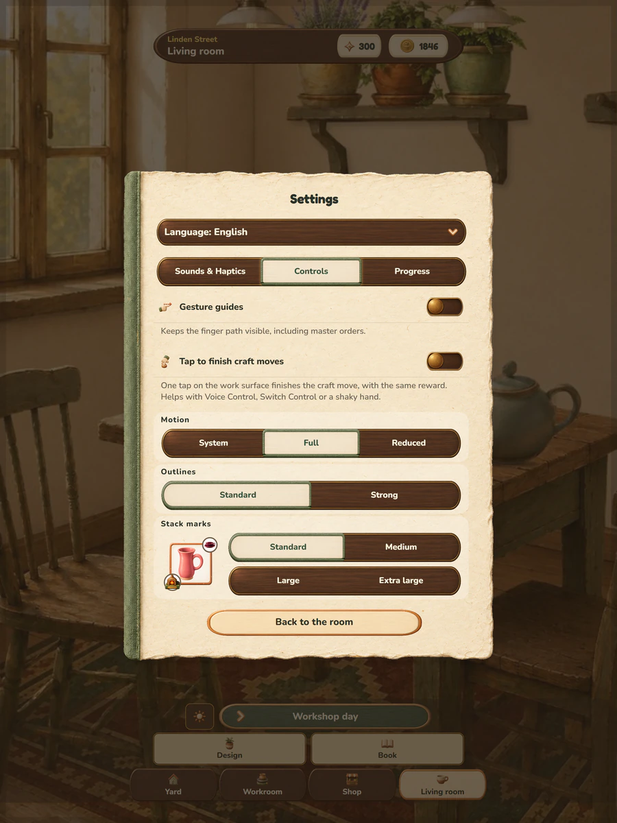 Settings for gesture guidance, tap-based craft gestures, motion, outlines and stack symbols