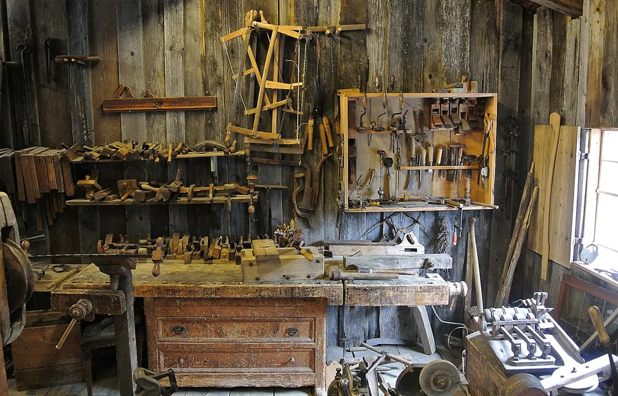 Workshop with benches and hand tools
